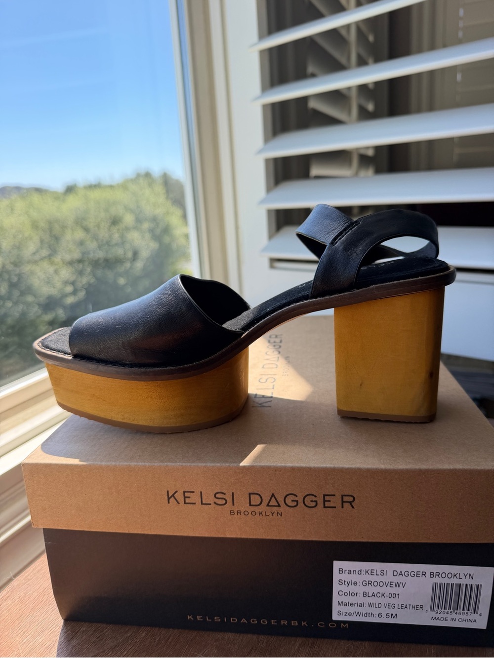 Kelsi Dagger Black Leather Platform Sandal with Wood Block Heel